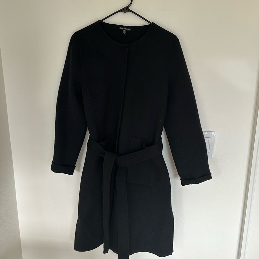 Eileen Fisher black belted coat size small boiled wool gorgeous